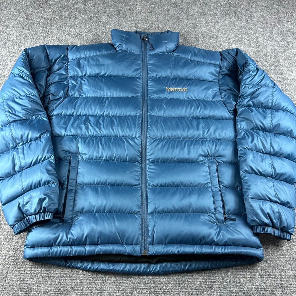 Marmot Down Puffer Jacket Mens Medium Blue‎ Goose Down Quilted Winter Coat NWOT
